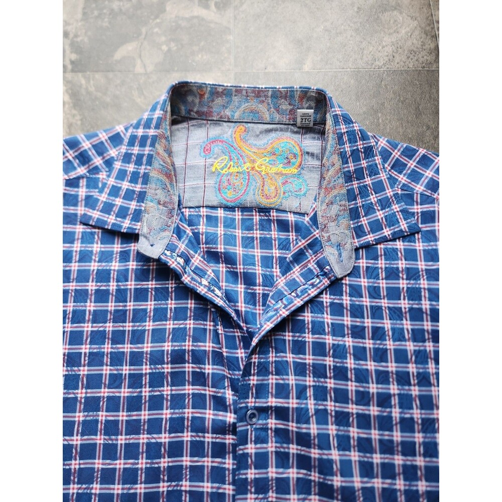 Robert Graham Shirt Button Up Paisley On Plaid Roll Over Cuff Knowledge Red Blue